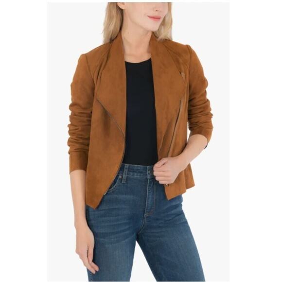 KUT FROM THE KLOTH NEW $89 Carina Faux Suede Drape Moto Jacket Brandy Small - Picture 7 of 7